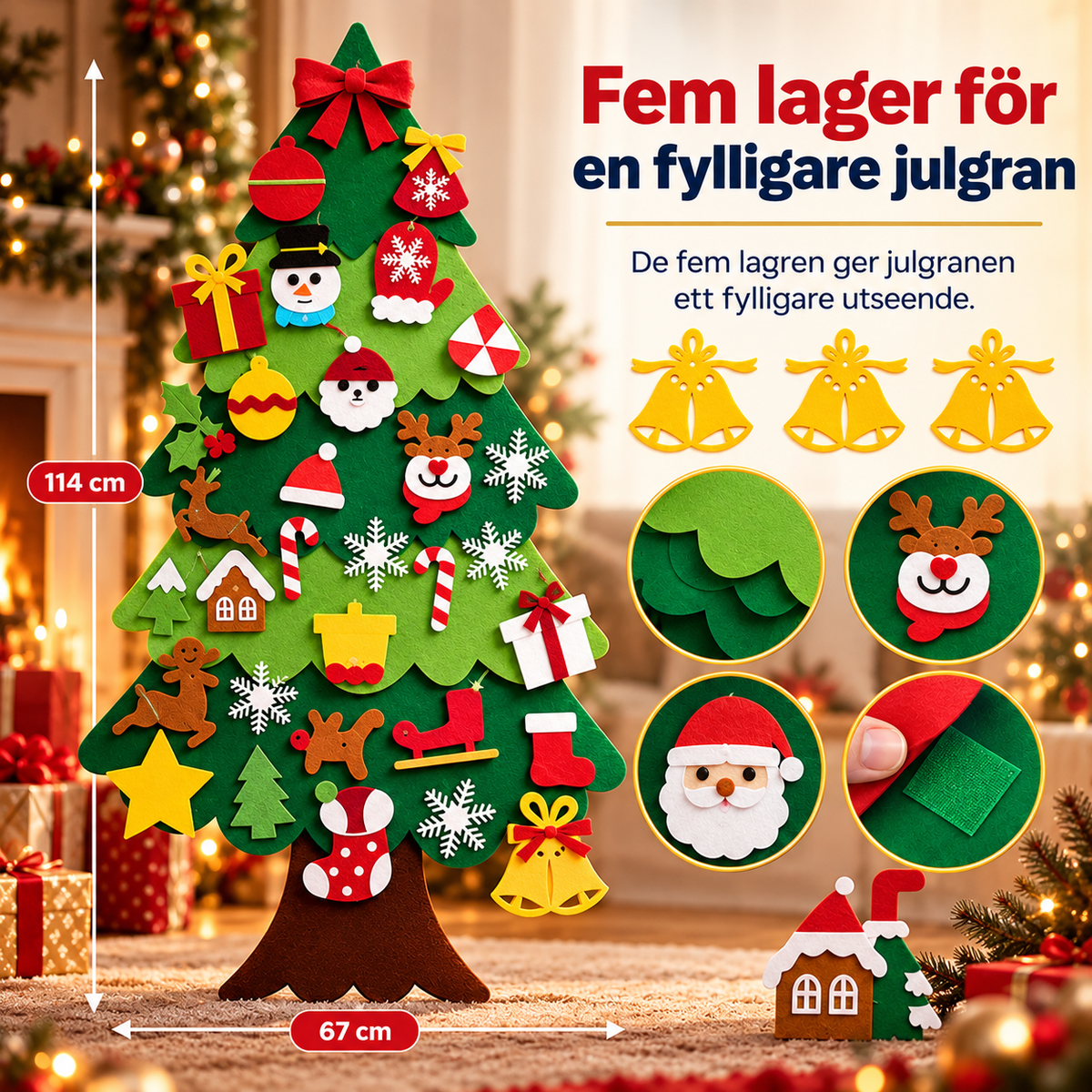 Julgran i filt med 26 dekorationer | PysselGran
