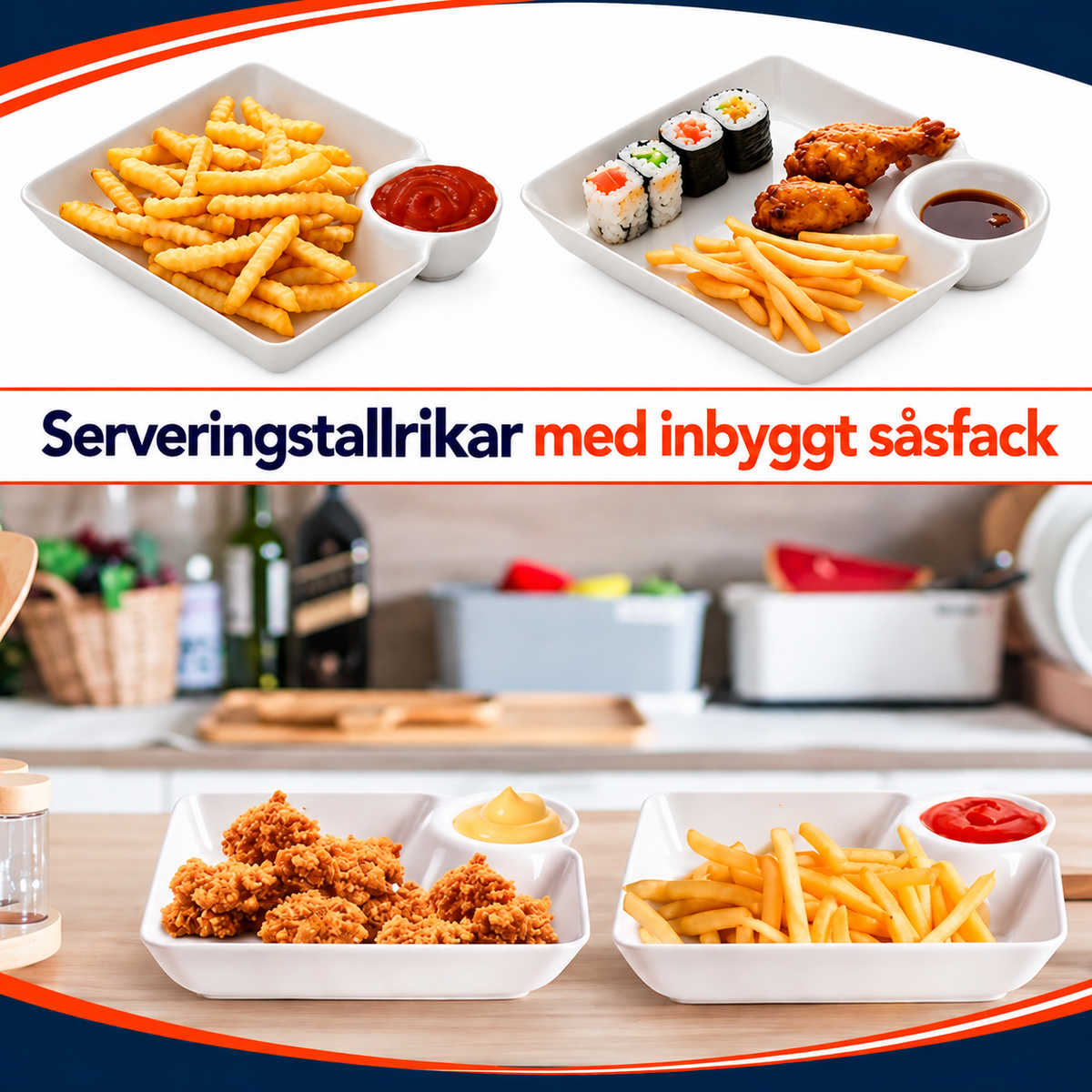 Fyrkantiga snackstallrikar med såsfack | DippForm