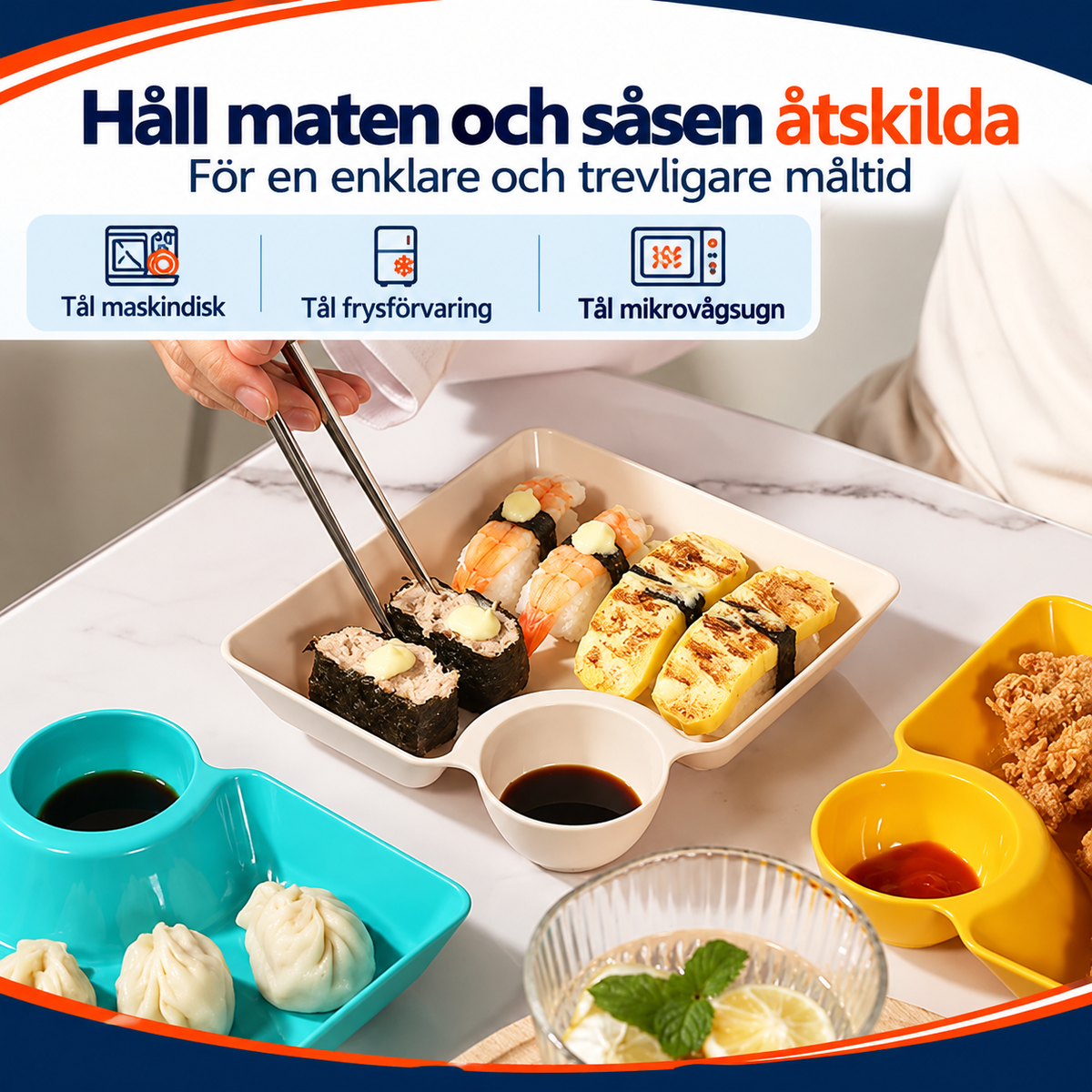 Fyrkantiga snackstallrikar med såsfack | DippForm